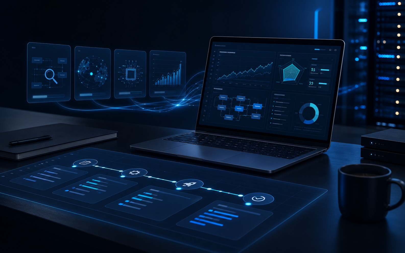 Dashboard biznesowy, mapa procesów i radar trendów pokazujące zmianę biznesową wspieraną technologią